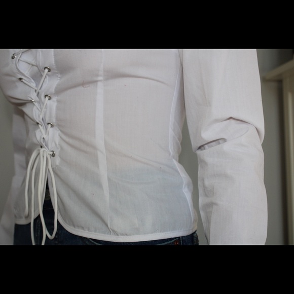 White Woven Lace Up Front Long Sleeve Blouse - Picture 3 of 4